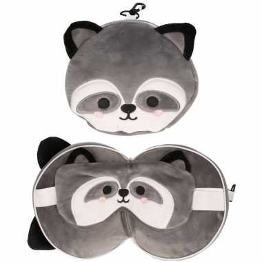 Wasbeer knuffel/reiskussen/slaap dieren masker 3 in 1 voor kinderen